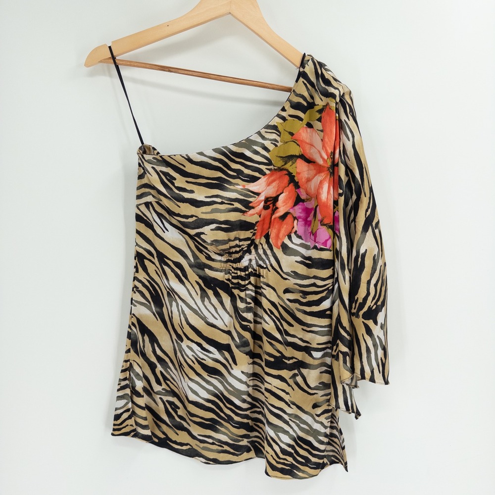 Vintage Y2K Cache One Shoulder Top Women M Silk Animal Print Mob 2000s Party - Picture 10 of 14